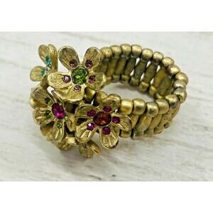 Vintage Family Birthstone Ring Expandable Band Flowers Floral Rhinestones Gold